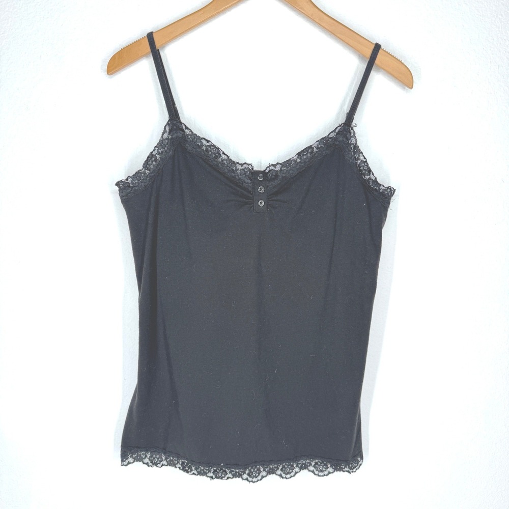 Womens Y2k Lace Trim Henley Cami Tank Top Shelf Bra Large Sweetheart Fitted Long